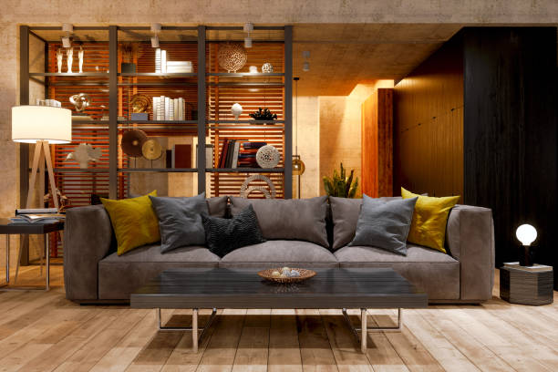 luxury living room at night with sofa, floor lamp and parquet floor. - living room imagens e fotografias de stock
