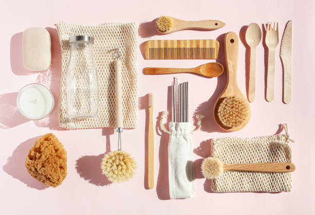 istock zero waste eco friendly cleaning kitchen bathroom concept. wooden brushes, drinking straw, cotton bags 1298287115