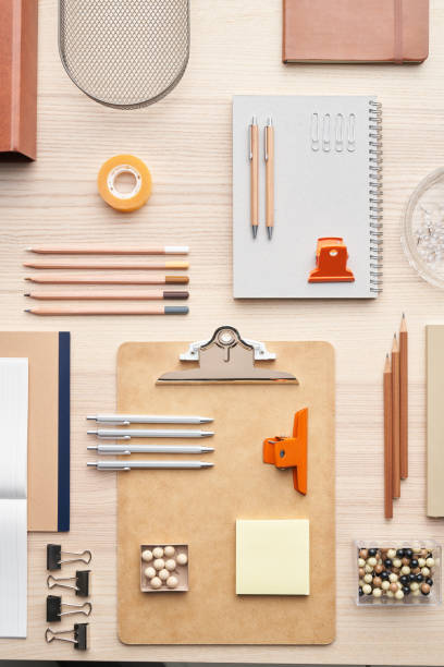 istock Stylish office supplies arranged on table 1298288274