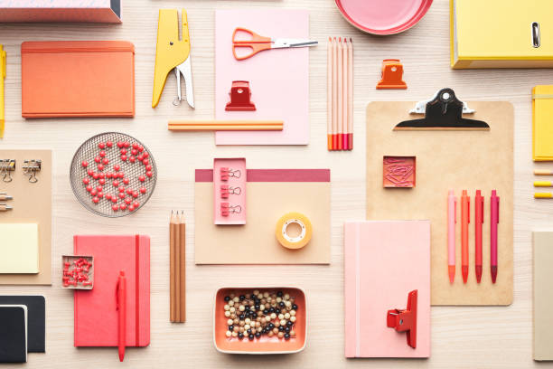 istock Composition of red stationery on table 1298288286