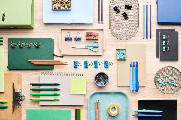 istock Composition of colorful office supplies 1298288293