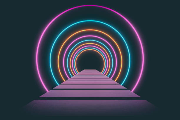 istock Modern empty abstract background illuminated by pink, blue, orange and green arched / circle neon lights in diminishing perspective, 80's retro style 1298289464