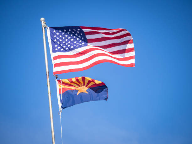 istock US flag and Arizona state flag with blue skies 1298290976