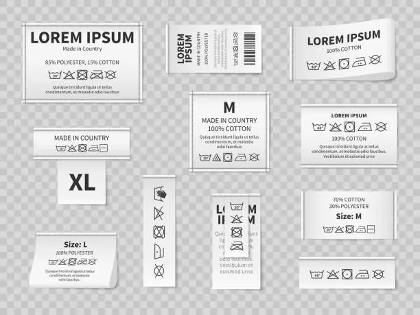Vector illustration of Laundry white labels. Textile care instructions tags, cotton clothes washing, drying or bleaching, water temperature and material information vector realistic isolated mockup