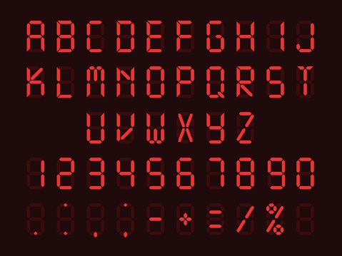 Digital display font. Red lighting letters, numbers and signs isolated on black background, electronic clocks or neon typeface collection, glowing english alphabet. Retro interface vector abc set