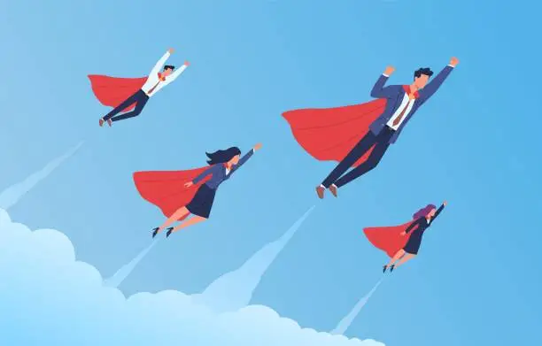 Vector illustration of Super businessman team. Flying men and women in flowing capes and suits, brave strong professionals group together moving up, successful startup, teamwork process. Vector cartoon concept