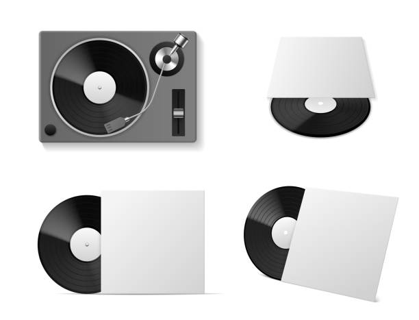 istock Vinyl record player mockup. Realistic vinyl turntablism, isolated black plate disc in different angles, blank cardboard package template, vintage musical equipment, empty blank cover vector set 1298292824