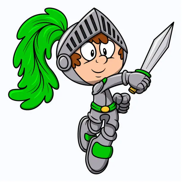 Vector illustration of Cartoon vector knight illustration. Cute kid knight with sword and green feather on helmet. Medieval armor costume. Chivalry soldier with happy face and smile. Isolated on white background.