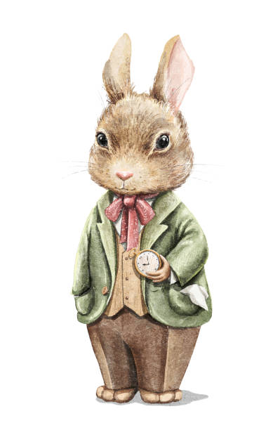 illustrations, cliparts, dessins animés et icônes de lapin de lapin de dessin animé d’aquarelle dans le costume avec la montre de poche d’or - lapin animal