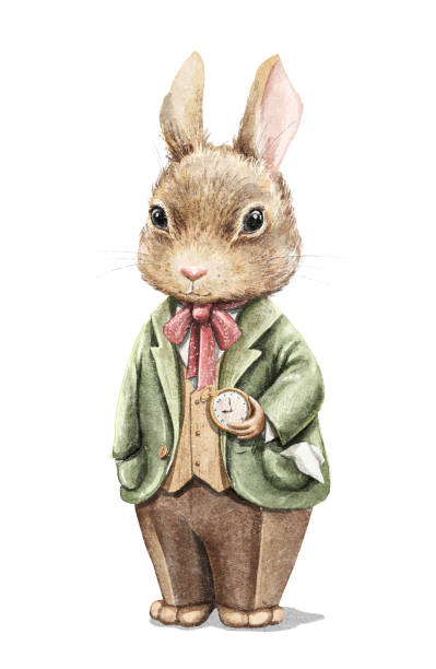 akwarela vintage kreskówka królik w kostiumie ze złotym zegarkiem kieszonkowym - bunny painting stock illustrations
