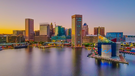 The Baltimore cityscape skyline at sunset