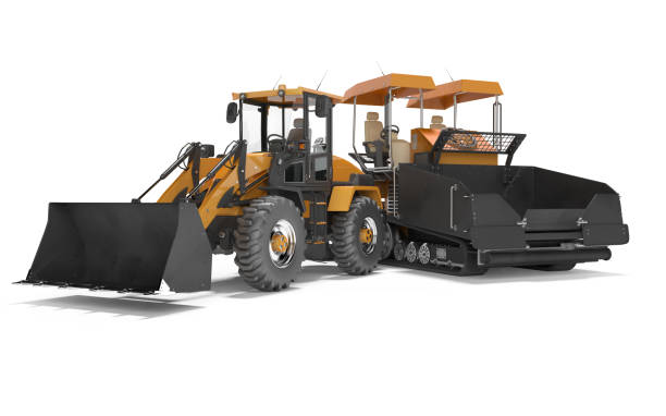 istock Construction machinery asphalt spreader machine and wheel bulldozer working 3D rendering on white background shadow 1298299322