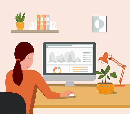 Young  woman working with a computer. Back view. Vector flat style cartoon illustration.