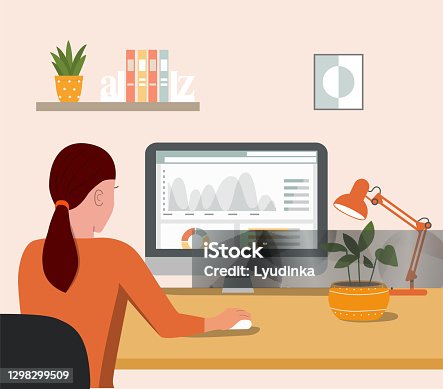 istock Young  woman working with a computer. Back view. Vector flat style cartoon illustration. 1298299509