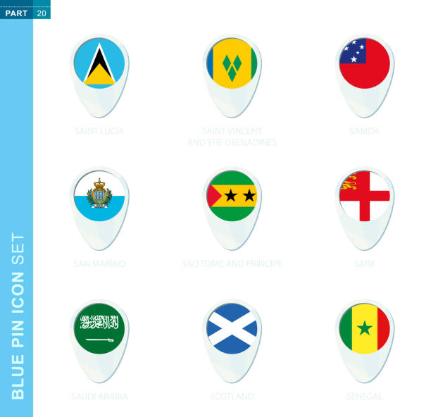 zestaw flag pin, ikona lokalizacji mapy w kolorach niebieskich - england senegal stock illustrations