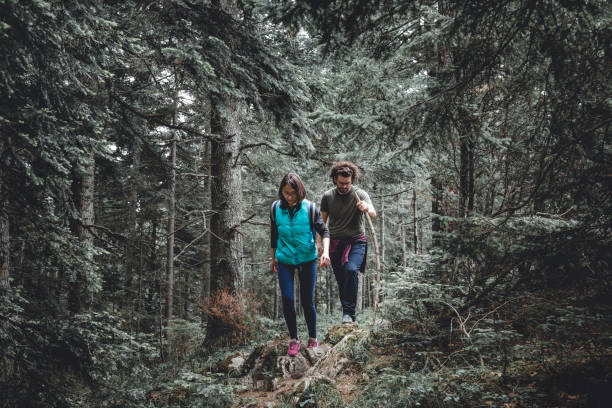 istock Couple hiking through an evergreen forest 1298300192