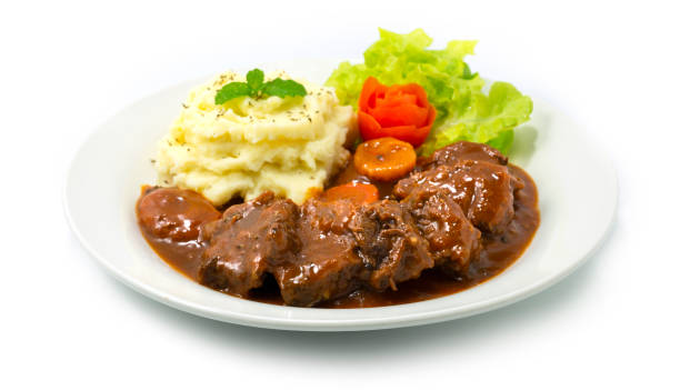 Beef Stew in Red Wine Sauce  Served Mashed Potatoes stock photo