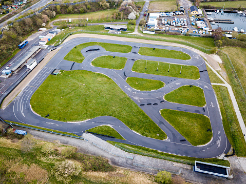 Copenhagen, Denmark - April 12, 2020: Aerial drone view of a go kart race track.