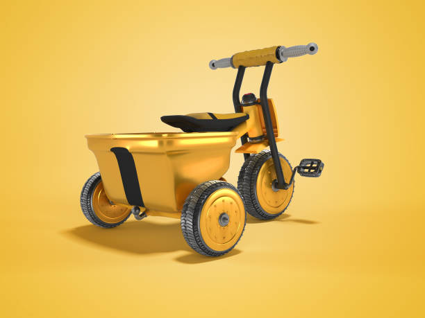 istock 3D rendering yellow childrens tricycle for child isolated on yellow background with shadow 1298301766