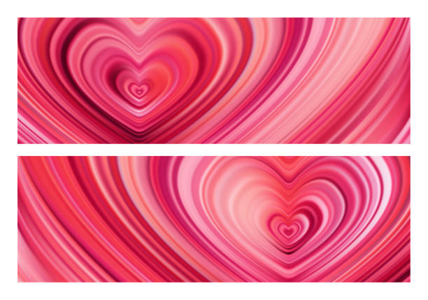 두 개의 현대 적색 흐름 심장 배경의 세트. 웨이브 컬러 리퀴드 형상. 해피 발렌타인 데이 - valentines day two dimensional shape heart shape love stock illustrations