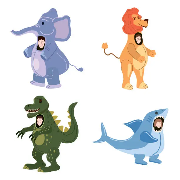 Vector illustration of Set Actors in animal Elephant, Lion, Dinosaur, Shark costume. Theme party, Birthday kid, children animator, entertainer wearing performer character for holiday masquerade, carnival. Vector cartoon flat style isolated