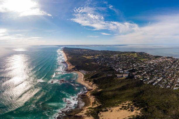 Aerial View of Point Nepean Australia An aerial shot of Mornington Peninsula towards Point Nepean and Port Phillip Bay in Victoria, Australia mornington peninsula photos stock pictures, royalty-free photos & images