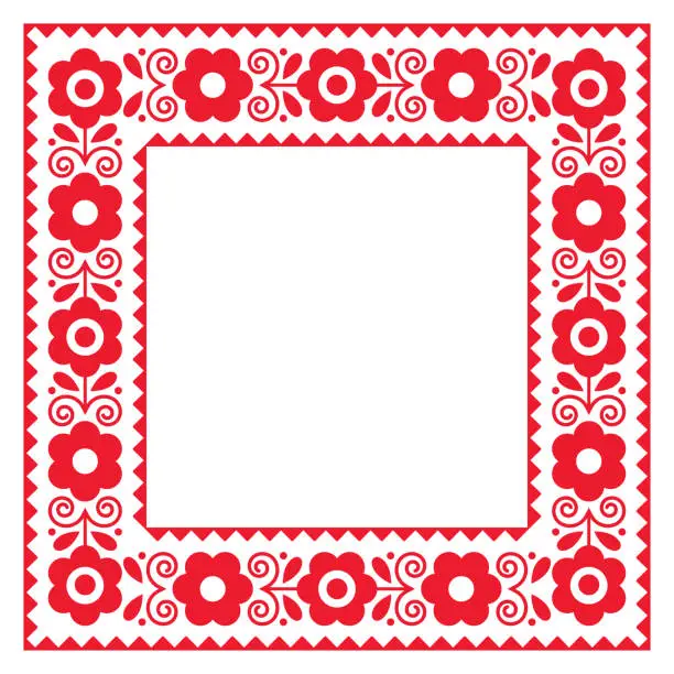 Vector illustration of Polish floral folk art rectangle frame vector design in 5x7 format, perfect for greeting card or wedding invitation