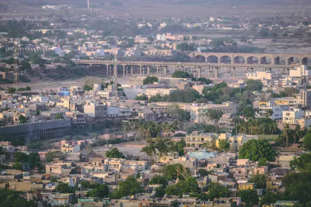 View of the Wankaner city as seen from above the hill