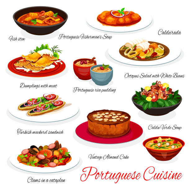 Portuguese seafood and fish dishes with desserts Portuguese cuisine seafood, fish and vegetable vector dishes with dessert. Cod soup, clam sausage stew, mackerel sandwich, octopus salad and meat dumplings, caldo verde soup, almond cake, rice pudding soup and sandwich stock illustrations