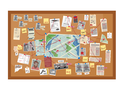 Crime board of police detective investigation cartoon vector. Evidences and map of murder investigation, wall board with pictures, pins, paper notes and photos, newspaper clipping and red strings