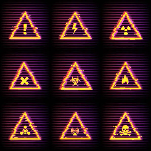 Vector illustration of Hazard warning signs with digital glitch effect