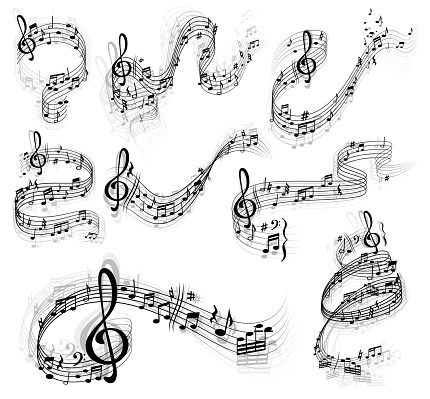 Music notes vector set with swirls and waves of musical staff or stave, treble and bass clefs, sharp and flat tones, rest symbols and bar lines. Sheet music design with musical notation symbols