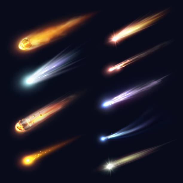 Space meteors, comets, asteroids, realistic vector Space meteors, comets and asteroids with fire trails realistic vector design. 3d meteorite fireball and star space objects falling down with glowing gas and dust tails, galaxy and astronomy science Fireball stock illustrations