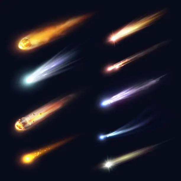 Vector illustration of Space meteors, comets, asteroids, realistic vector