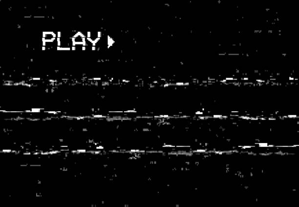 Corrupted play screen with glitch vector effect Corrupted play screen with glitch effect. Vector camera film vhs or video home system black background with random noise and horizontal distorted lines. Digital camera screen with distortion signal tv glitch stock illustrations
