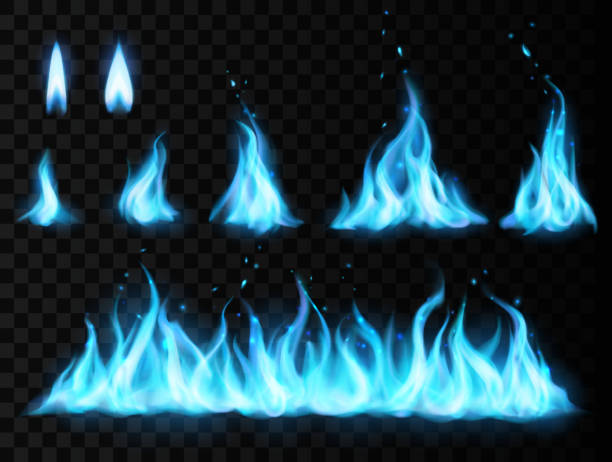 blaue feuer flamme vektor-set, transparenter hintergrund - abstract blue flame backgrounds stock-grafiken, -clipart, -cartoons und -symbole