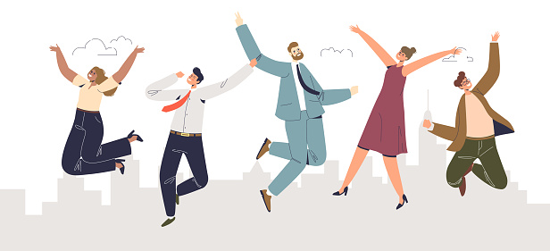 Business team jumping celebrating success. Happy group of businesspeople cheerful and emotional. Male and female colleagues, winners cheering to achievement. Cartoon flat vector illustration