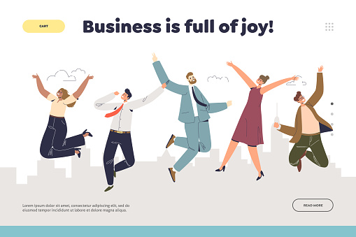 Business success concept of landing page with group of businesspeople jumping celebrating success. Happy business team colleagues excited to victory. Cartoon flat vector illustration