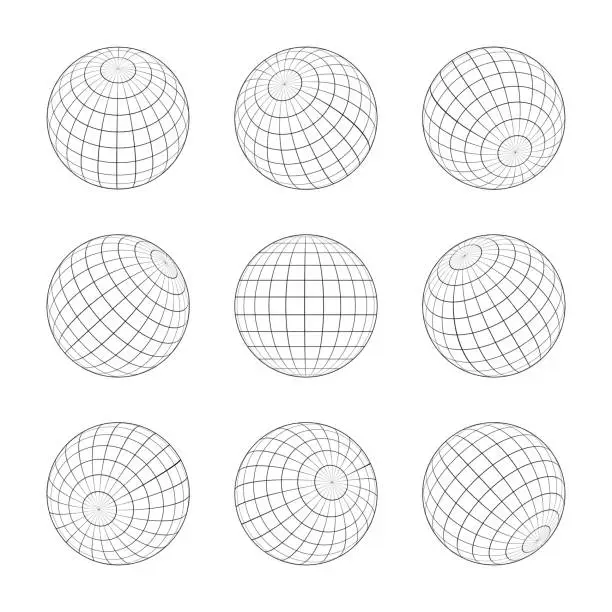 Vector illustration of Globe grid. 3d sphere wires, earth network vector isolated set. Line sphere network, wire global grid, latitude structure illustration.