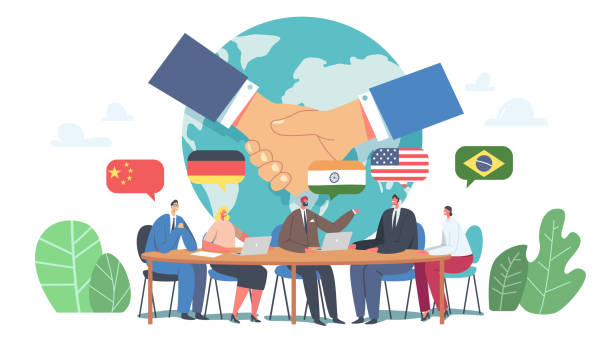 International Negotiations, Diplomacy, Political Meeting at Round Table Concept. Delegates Solve World Issues Conference International Negotiations, Diplomacy, Political Meeting at Round Table Concept. Delegates Solving World Issues, Spokesmen Discussing, Shake Hands on Press Conference. Cartoon Flat Vector Illustration diplomacy stock illustrations