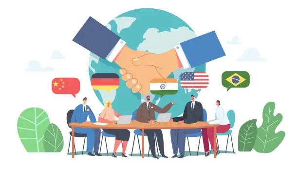 Vector illustration of International Negotiations, Diplomacy, Political Meeting at Round Table Concept. Delegates Solve World Issues Conference