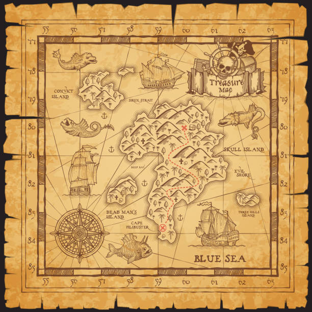 ilustraciones, imágenes clip art, dibujos animados e iconos de stock de mapa del tesoro pirata del boceto vectorial de la isla del cráneo - mapas de tesoros