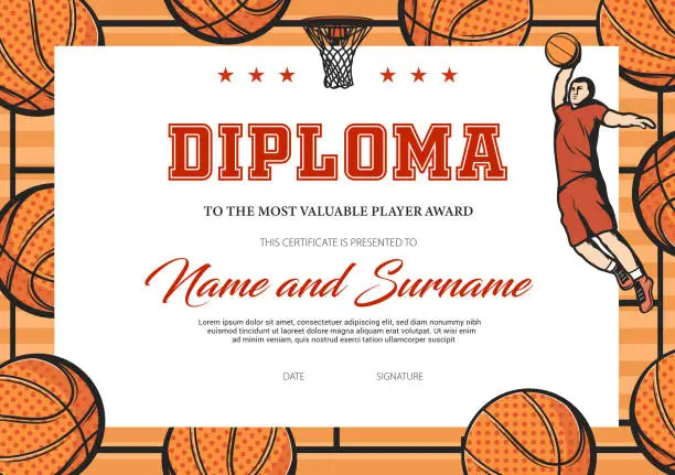 Vector illustration of Certificate for basketball most valuable player