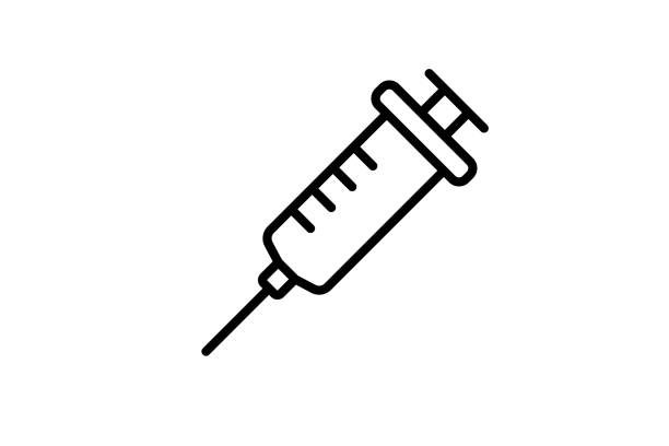 illustrazioni stock, clip art, cartoni animati e icone di tendenza di icona della linea della siringa. concetto vaccinale - iniettare