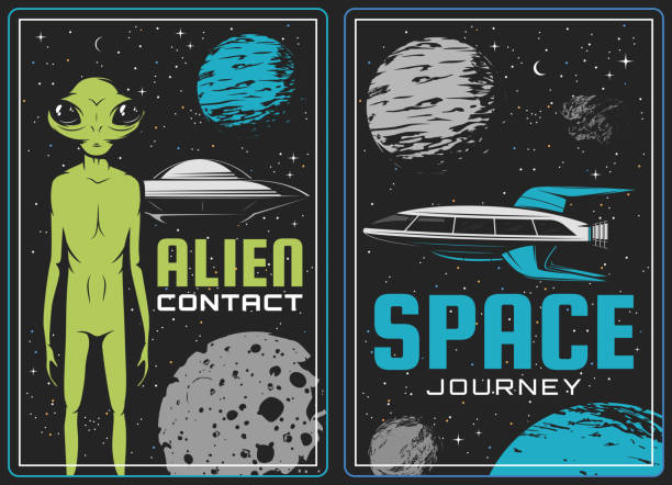 ilustrações de stock, clip art, desenhos animados e ícones de retro posters with alien and ufo vector cards - alien monster green futuristic