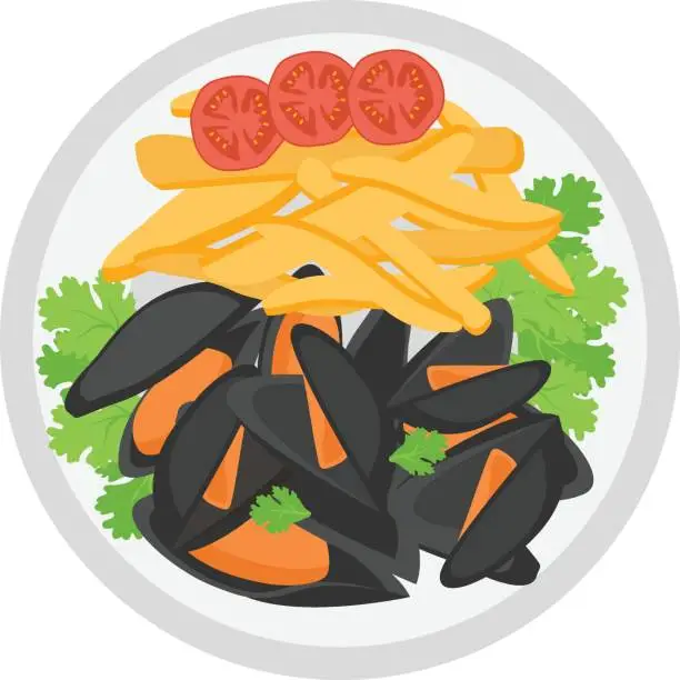 Vector illustration of Moules frites on Plate Concept, mussels and fries Vector Icon Design, National Dish of  Sign,Traditional cuisine Symbol, Gourmet food cooking and restaurant menu Item