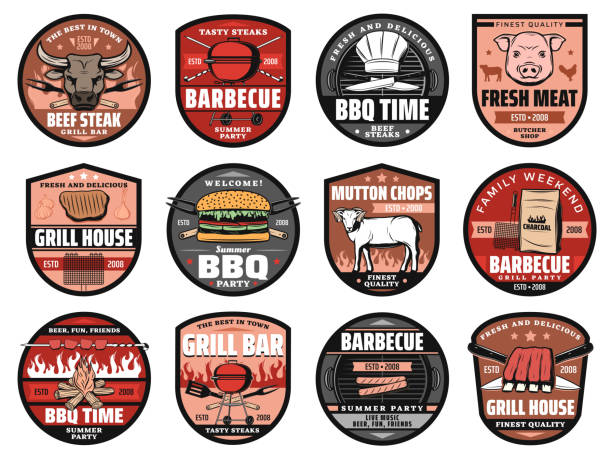 grill, grill bar, piknik hamburgery ikony - pig roasted barbecue grill barbecue stock illustrations