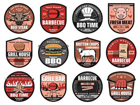 Barbecue party, grill bar and picnic hamburgers vector icons of charcoal fire flame. BBQ cheeseburger, sausage and meat steak of pork, mutton and beef, barbecue summer party and grill house restaurant