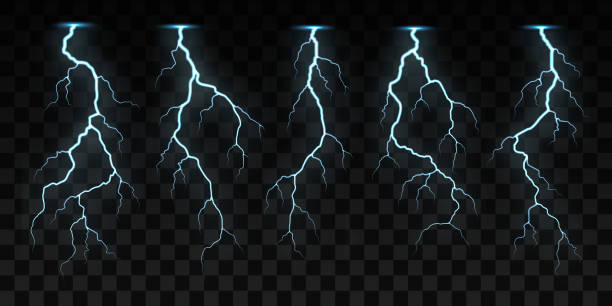 Electric or lightning strikes, vector flashes set Electric or lightning strikes, vector flashes, impact place, plasma or magical energy in blue color. Powerful electrical discharge, realistic 3d electrical thunderbolt on black background isolated set lightning stock illustrations