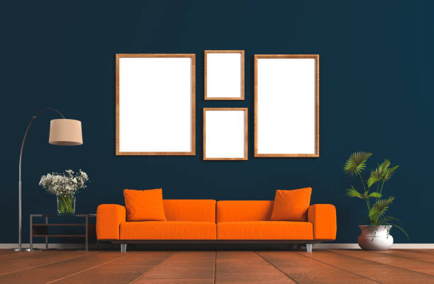 lege kaders op de woonkamermuur, bespotten concept met knippad - oranje fotos stockfoto's en -beelden